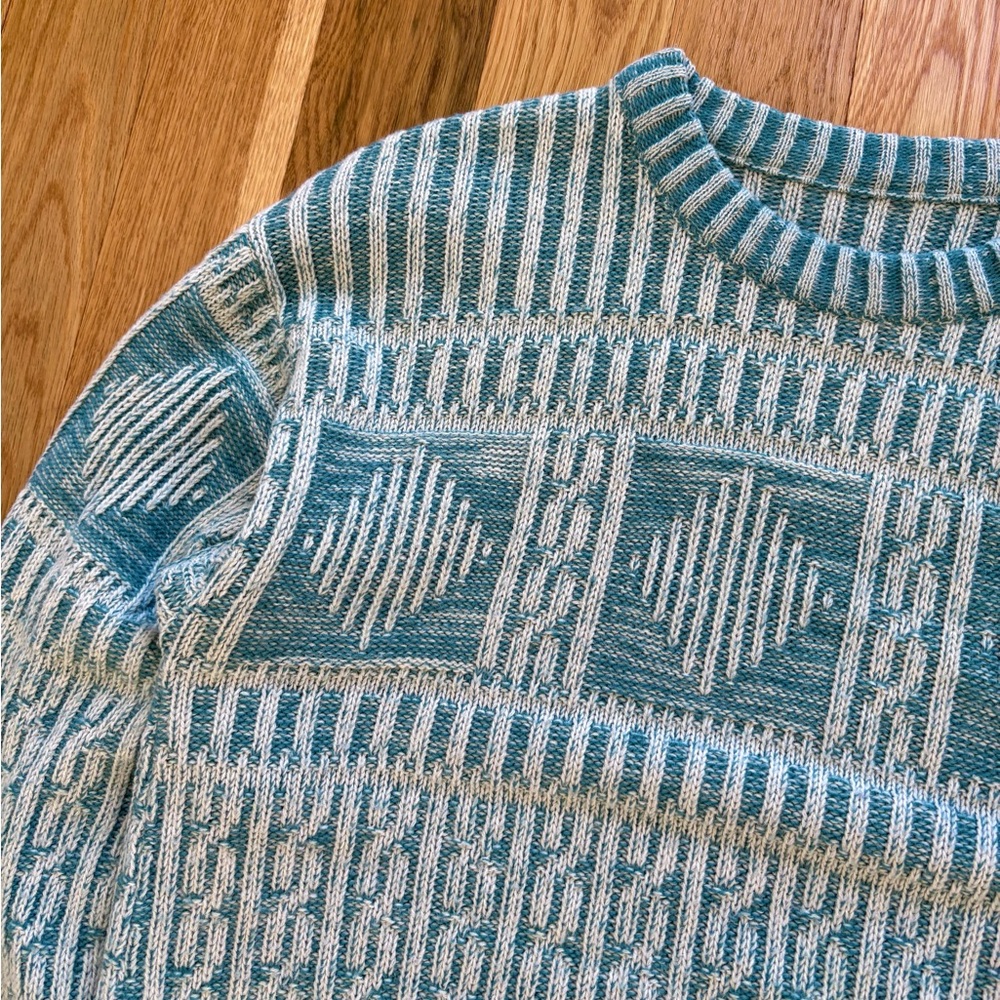 Made in USA Vintage 60s Acrylic Knit Ribbed Textured Sweater Teal White Medium - Picture 5 of 9